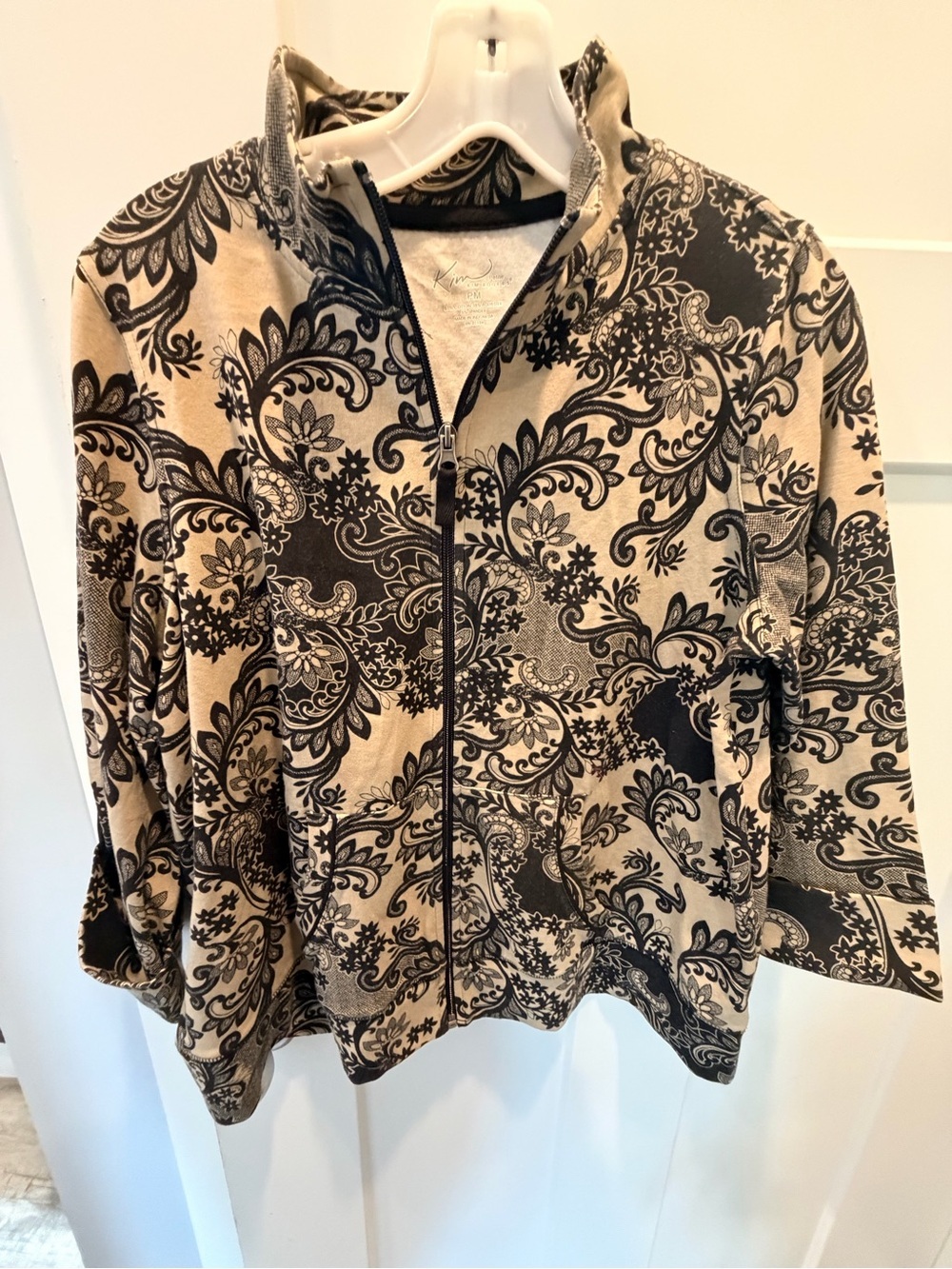 Kim Rogers Petite PM Paisley Zip Front Jacket Black Ivory Stretch Knit